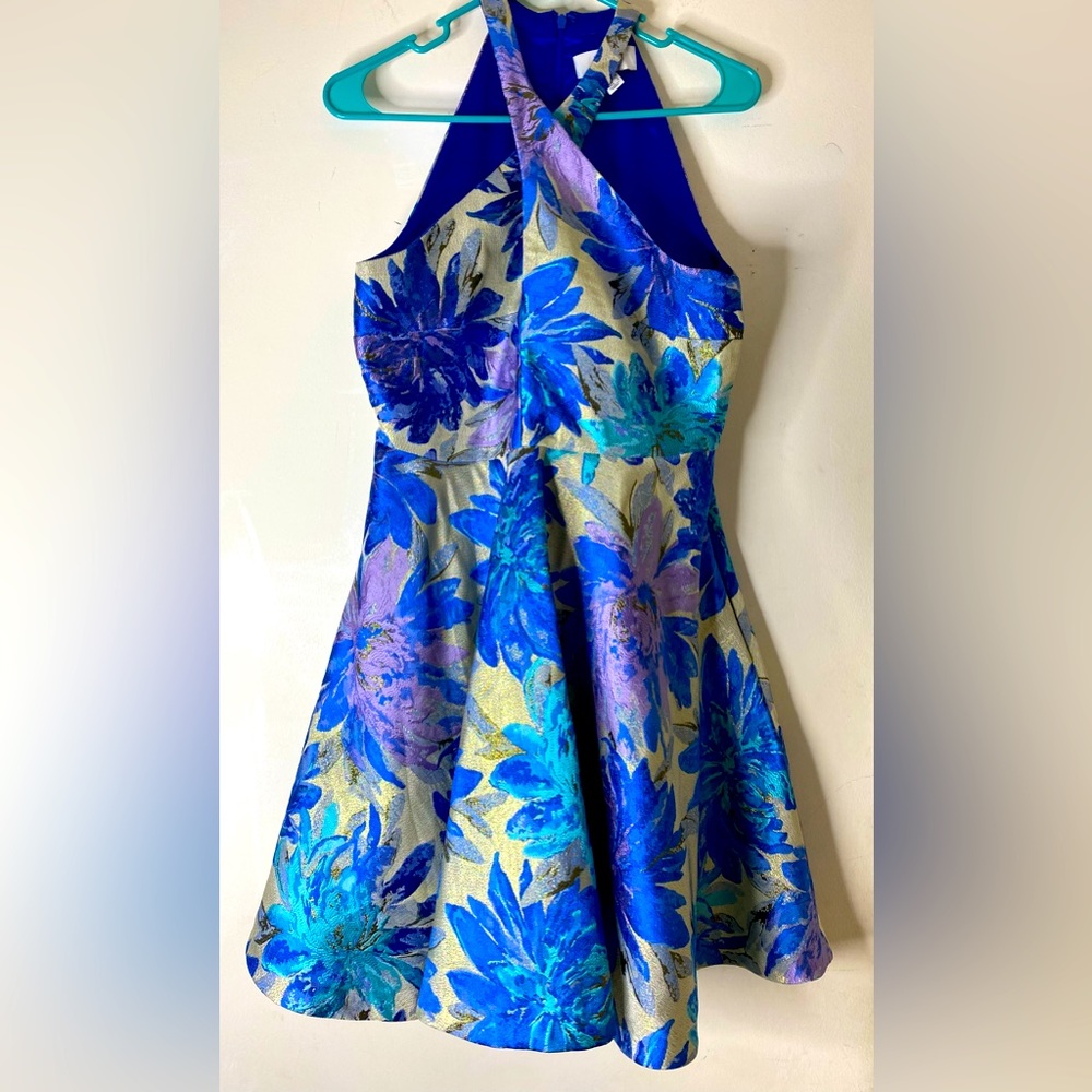 Badgley Mischka Blue & Aqua Floral Halter Fit-and-Flare Mini Dress